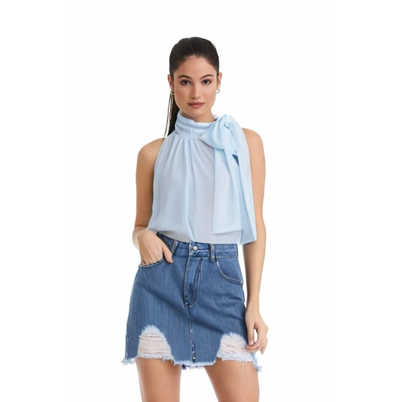 Blusa Feminina Fresco Clothing Casual com Laço em Chiffon, Cor: Azul Celeste