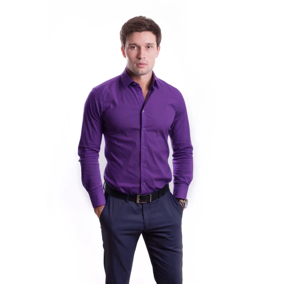 Camisa Social Masculina AYA Camisas Slim Fit Básico em Algodão-Linho, Cor: Roxo escuro