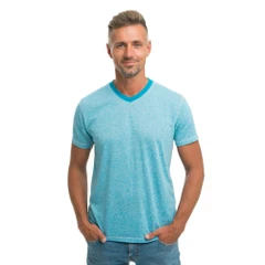 Camiseta Masculina Fresco Clothing Azul Celeste com Gola V Marmorizada Retrô em Algodão