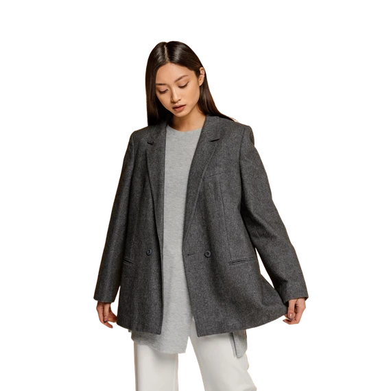 Blazer Feminino Carlota Linhos e Lãs Clássico Oversized em Lã Cinza com Gola Lapelada e Bolsos Invisíveis