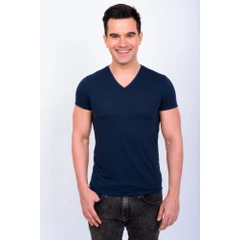 Camiseta Masculina Fresco Clothing Azul Marinho Slim Fit Manga Curta Básica em Algodão
