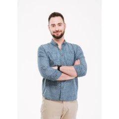 Camisa Masculina Fresco Clothing Moderna Azul Celeste com Manga Longa Gola Lapela e Estampa Gráfica em Algodão