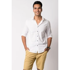 Camisa Social Masculina AYA Camisas Regular Fit Casual Branca com Botões Envernizados em Linho
