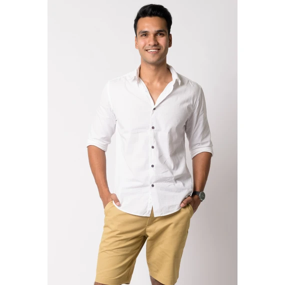 Camisa Social Masculina AYA Camisas Regular Fit Casual Branca com Botões Envernizados em Linho