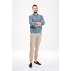 Calça Masculina Fresco Clothing Moderna Bege Regular Fit Sarja Chino com Barra Virada em Linho