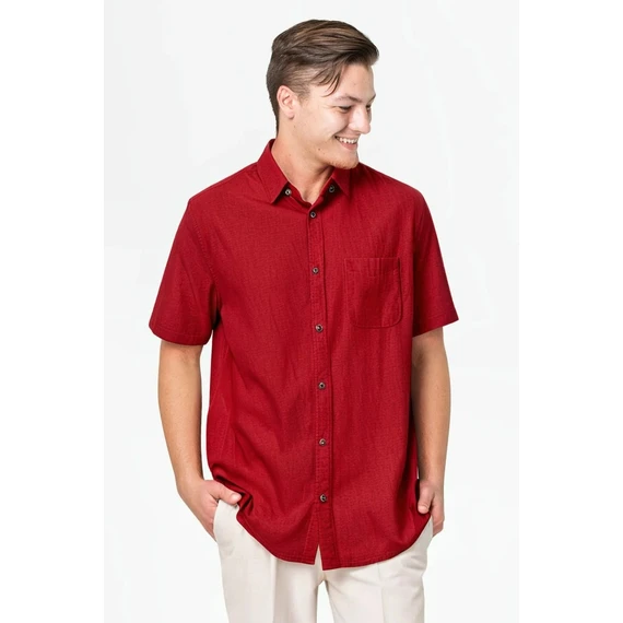 Camiseta Masculina Fresco Clothing Clássica Regular Fit Manga Curta com Botões em Linho, Cor: Vermelho