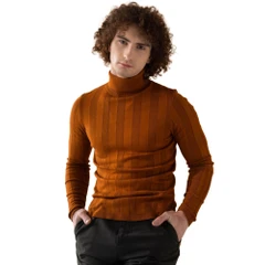Suéter Masculino Fresco Clothing Atemporal Laranja Queimado Cacharrel Pullover Slim Fit Listrado em Malha