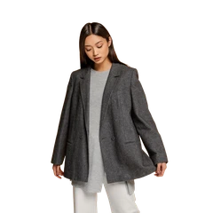 Blazer Feminino Carlota Linhos e Lãs Clássico Oversized em Lã Cinza com Gola Lapelada e Bolsos Invisíveis