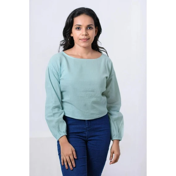 Blusa Feminina Fresco Clothing com Mangas Bufantes e Amarração nas Costas em Viscose, Cor: Azul Celeste