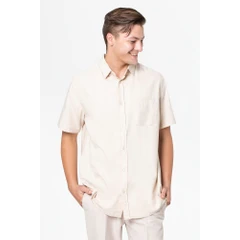 Camiseta Masculina Fresco Clothing Clássica Regular Fit Manga Curta com Botões em Linho, Cor: Bege