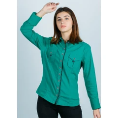 Camisa Feminina AYA Camisas Retro Verde Esmeralda Corte Ajustado com Abotoamento Frontal Manga Longa e Gola Lapela em Poliéster